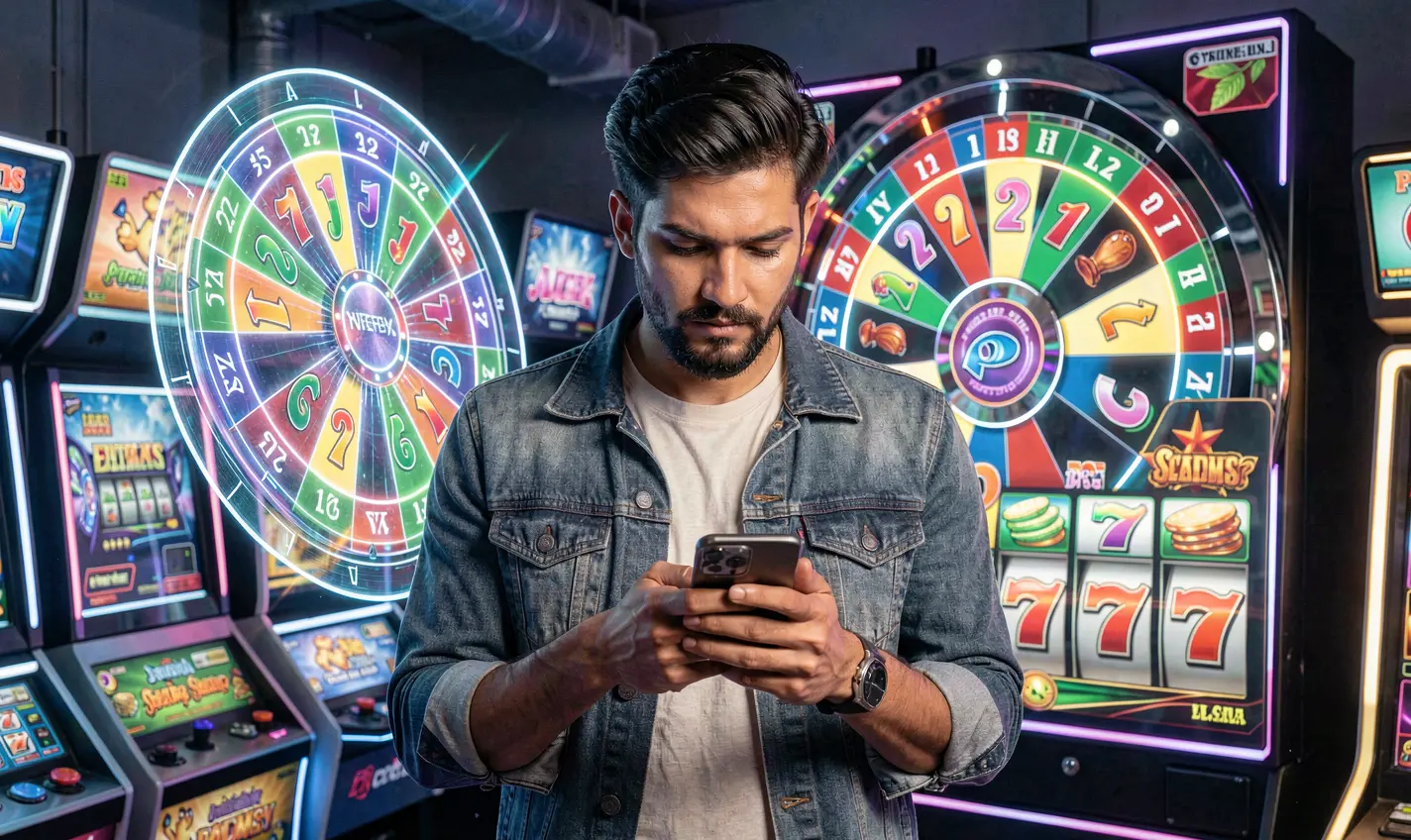 77KK App – Enjoy smooth and stylish mobile casino gaming in Bangladesh Focused Bangladeshi player using the 77KK mobile casino app with glowing roulette and slot visuals creating a modern gaming mood