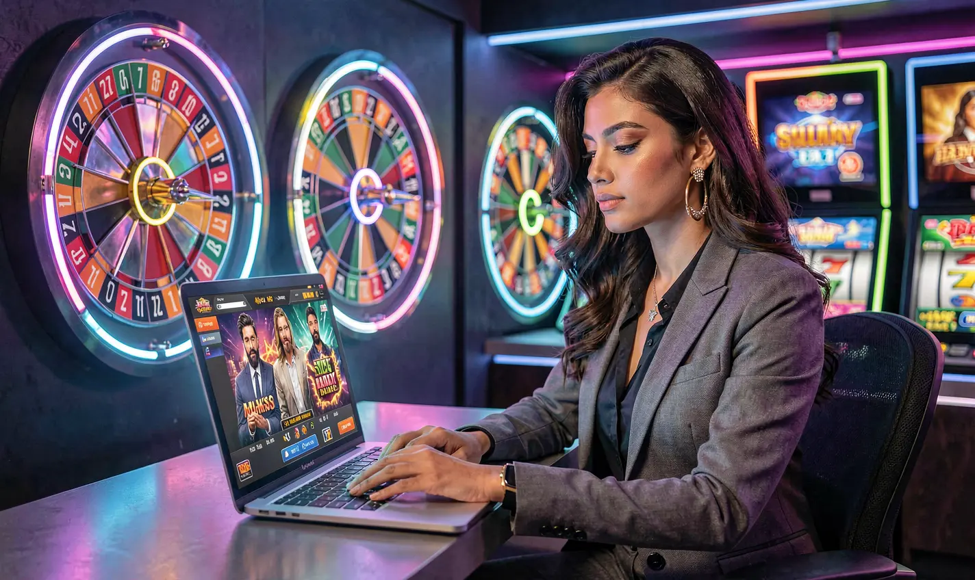 77KK Games – Dive into an immersive world of online casino entertainment in Bangladesh Stylish Bangladeshi player enjoying online casino games on a laptop with bright roulette visuals showcasing the immersive 77KK gaming atmosphere