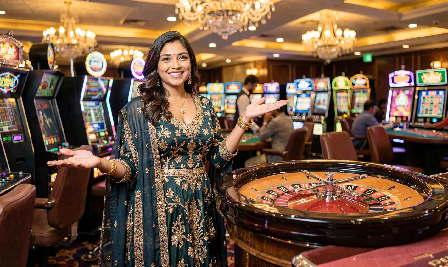Professional Bangladeshi casino hostess in a glamorous evening dress welcoming players at a roulette table inside the luxurious 77KK live casino studio
