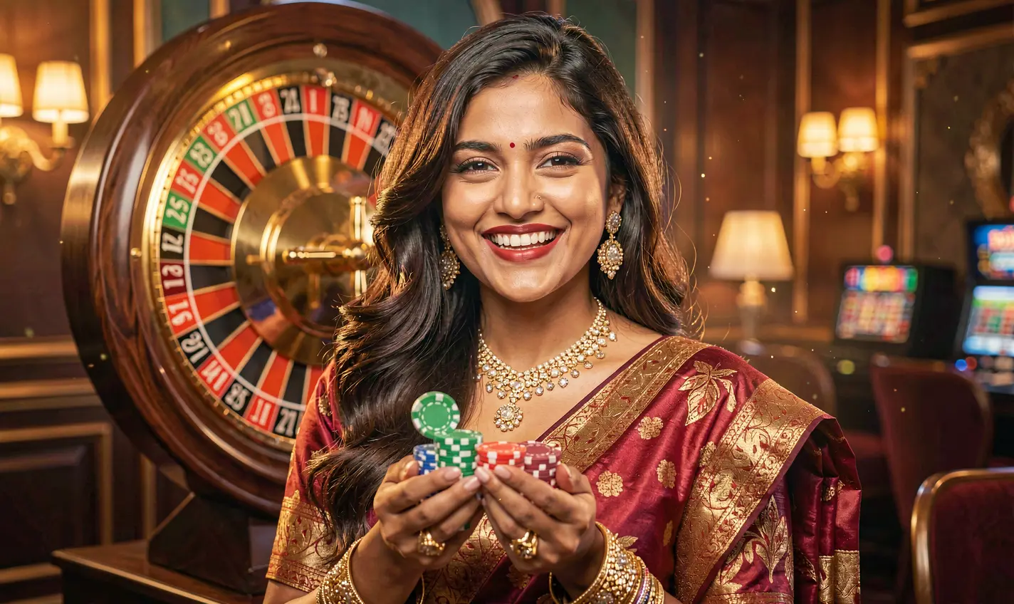 Confident casino player holding colorful chips in front of a roulette wheel representing the excitement and premium gaming environment of 77KK casino in Bangladesh