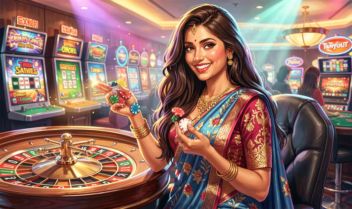 Elegant casino atmosphere with a confident Bangladeshi woman holding poker chips near a roulette wheel at 77KK casino