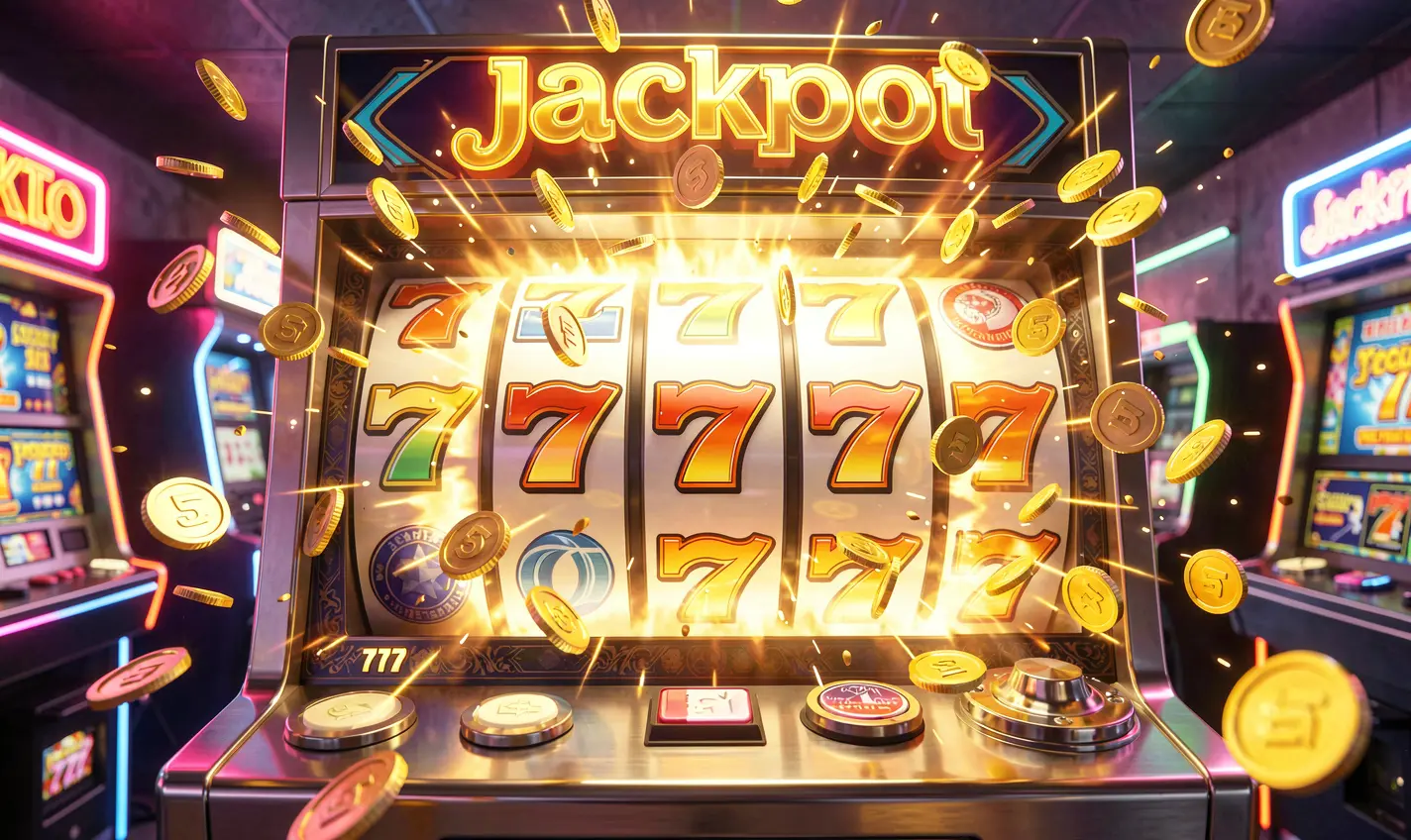 Luxury slot machine with triple seven symbols and cascading gold coins showcasing the premium online casino experience at 77KK for players in Bangladesh